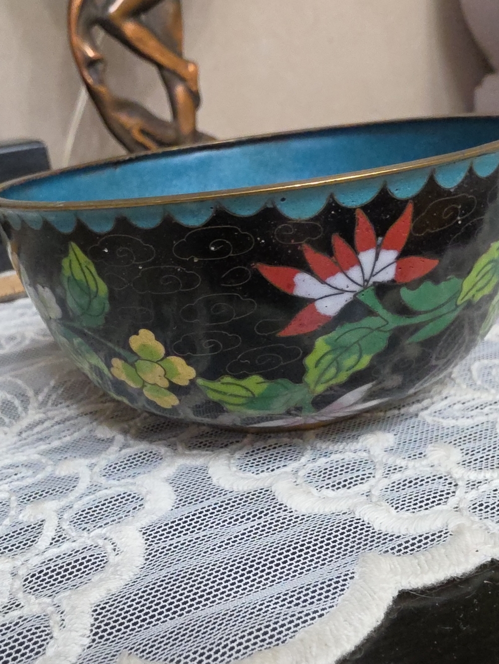 Hand-Painted Floral Cloisonné Bowl - Black and Turquoise